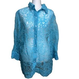 Vibrant Aesthetic Ruby Rd. Teal Sheer Burnout Abstract‎ Tribal Blouse Size 16W